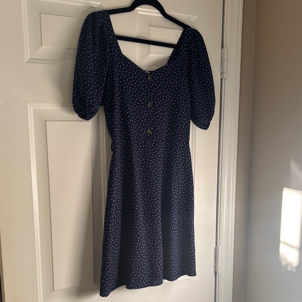 Monteau Navy Polka Dot Midi Dress with Puff Sleeves